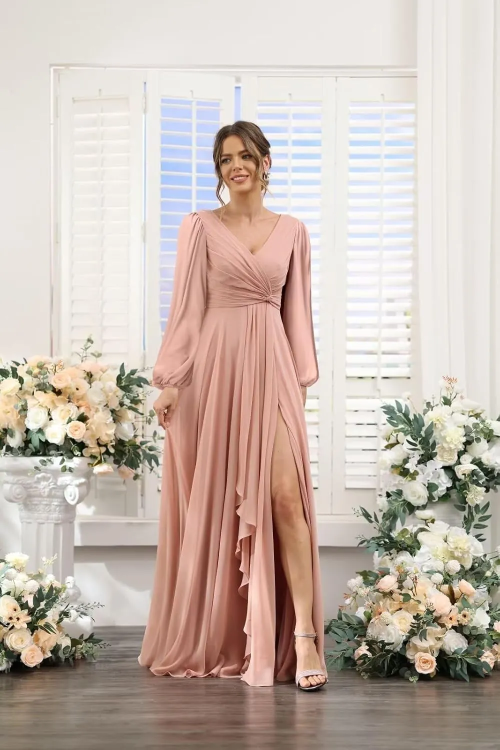 Chiffon Bridesmaid Dresses 2025 for Women with Slit V Neck Long Sleeve Flowy Formal Dresses with Pockets RO001