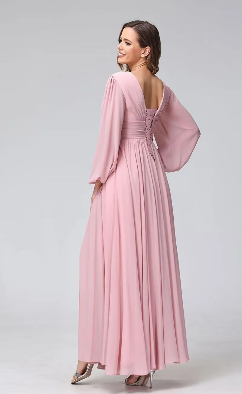 Chiffon Bridesmaid Dresses 2025 for Women with Slit V Neck Long Sleeve Flowy Formal Dresses with Pockets RO001
