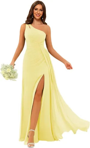 Chiffon Bridesmaid Dresses for Women One Shoulder with Slit Ruched Waist Long Formal Evening Gowns for Wedding