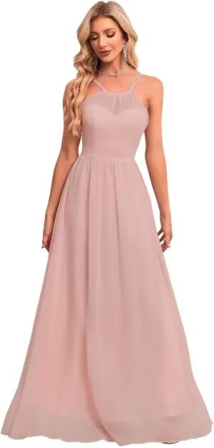 Chiffon Bridesmaid Dresses Long Crew Neck Prom Dresses A Line Formal Party Gowns with Pockets UU35