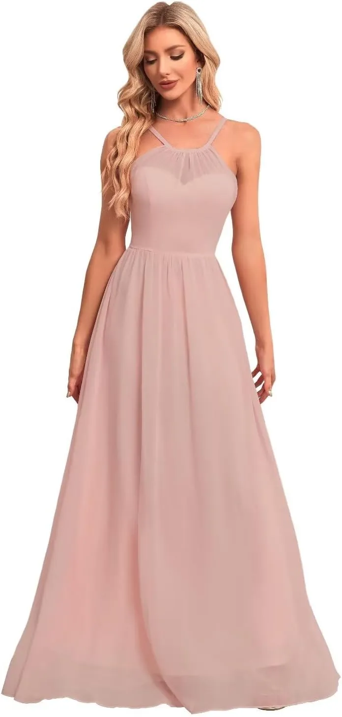 Chiffon Bridesmaid Dresses Long Crew Neck Prom Dresses A Line Formal Party Gowns with Pockets UU35