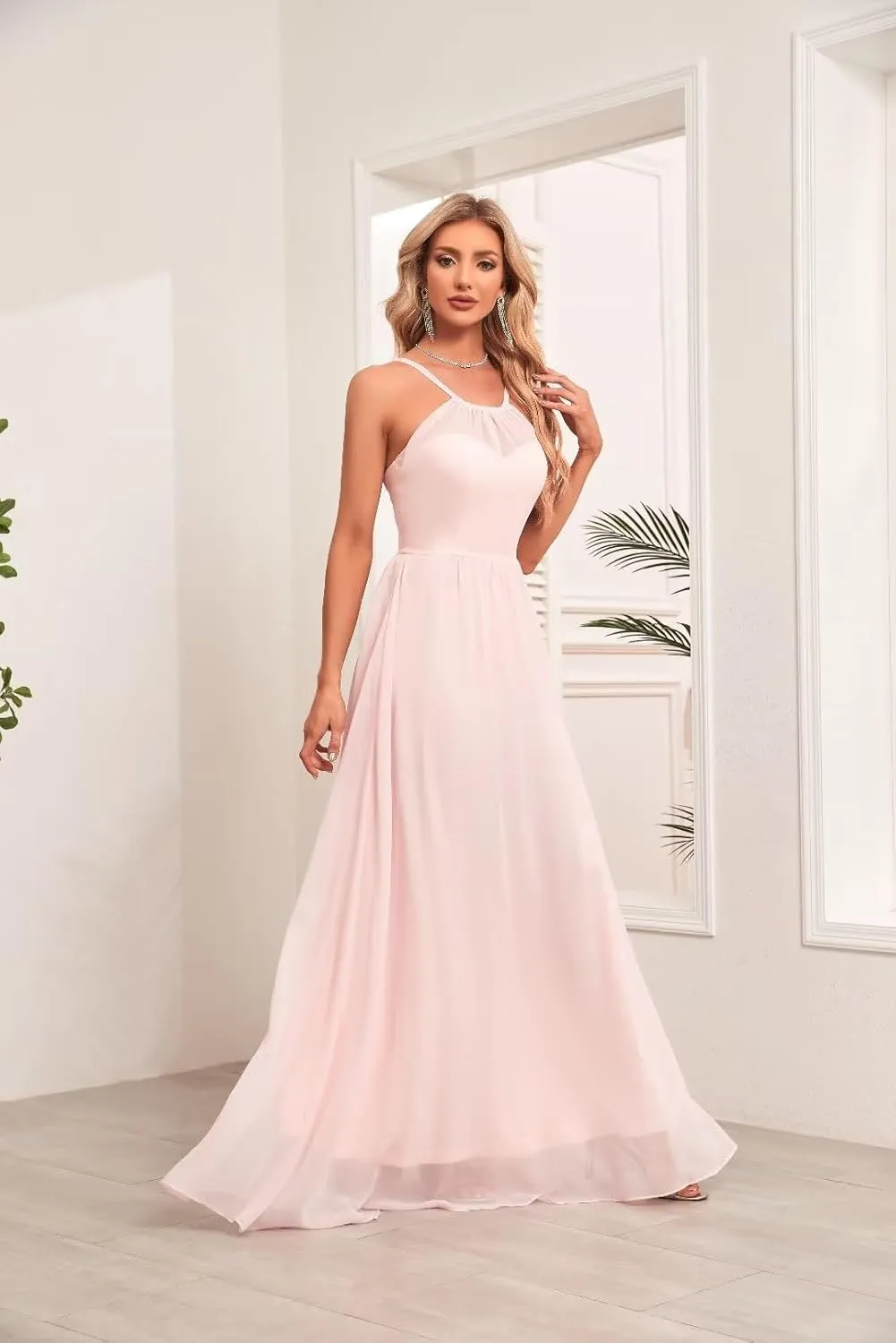 Chiffon Bridesmaid Dresses Long Crew Neck Prom Dresses A Line Formal Party Gowns with Pockets UU35