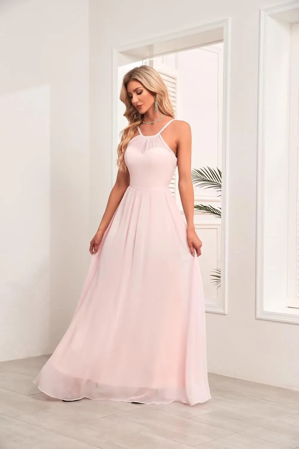 Chiffon Bridesmaid Dresses Long Crew Neck Prom Dresses A Line Formal Party Gowns with Pockets UU35