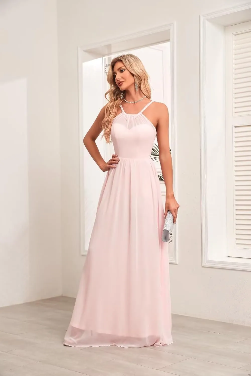 Chiffon Bridesmaid Dresses Long Crew Neck Prom Dresses A Line Formal Party Gowns with Pockets UU35