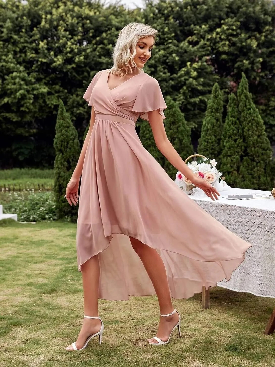 Chiffon High Low Bridesmaid Dresses for Women V Neck Short Sleeves Pleated Formal Dress with Pockets