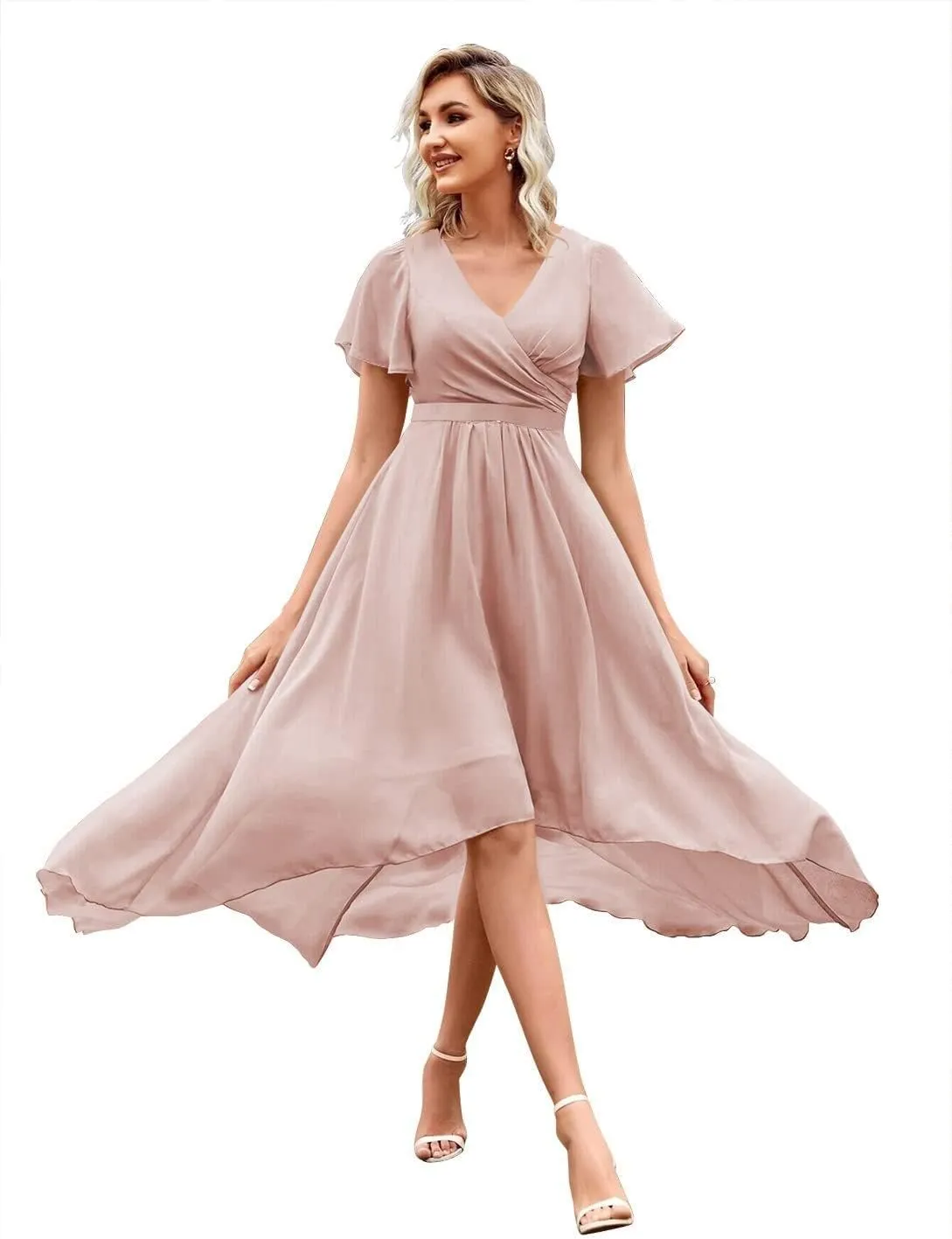 Chiffon High Low Bridesmaid Dresses for Women V Neck Short Sleeves Pleated Formal Dress with Pockets