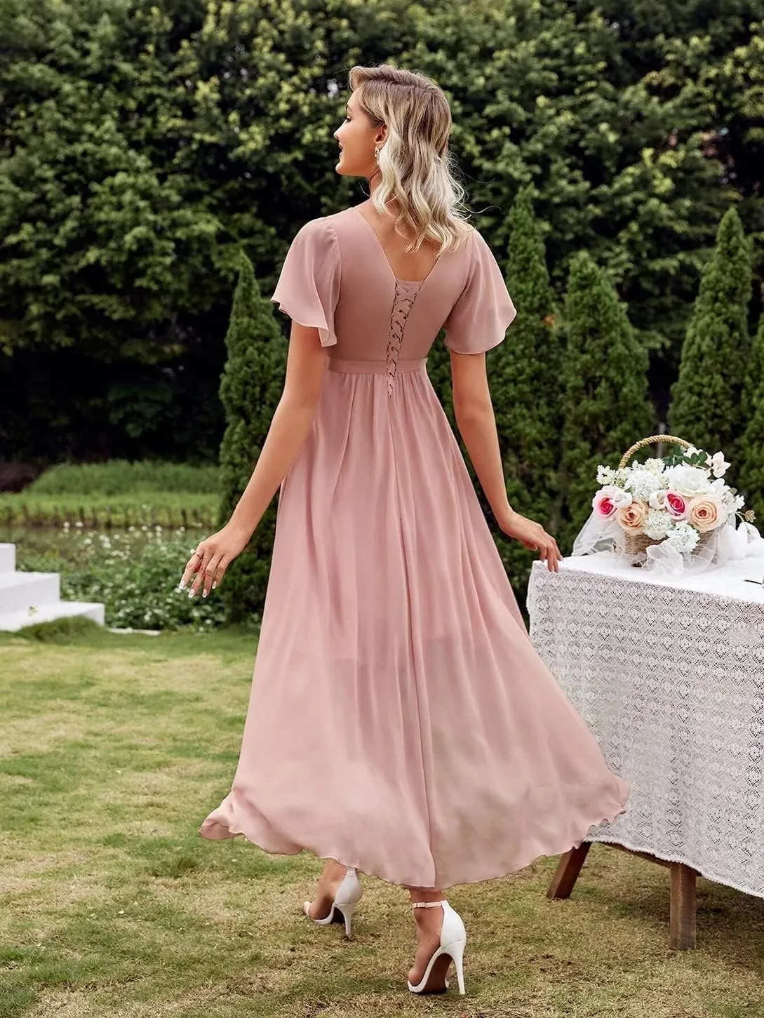 Chiffon High Low Bridesmaid Dresses for Women V Neck Short Sleeves Pleated Formal Dress with Pockets