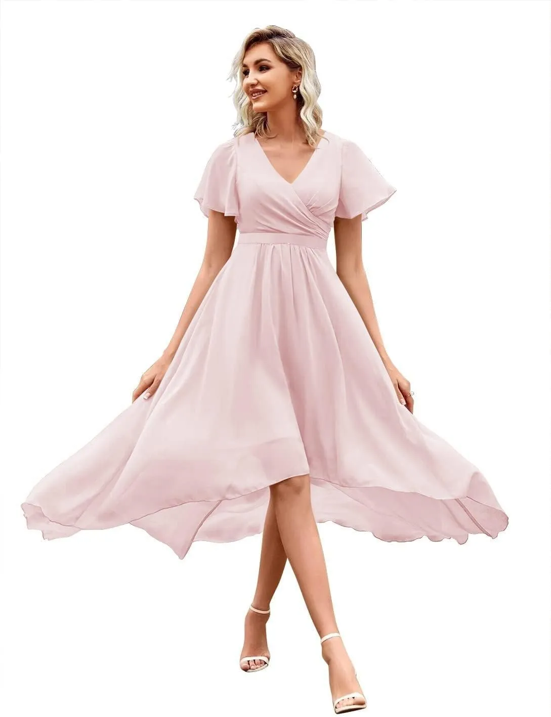 Chiffon High Low Bridesmaid Dresses for Women V Neck Short Sleeves Pleated Formal Dress with Pockets