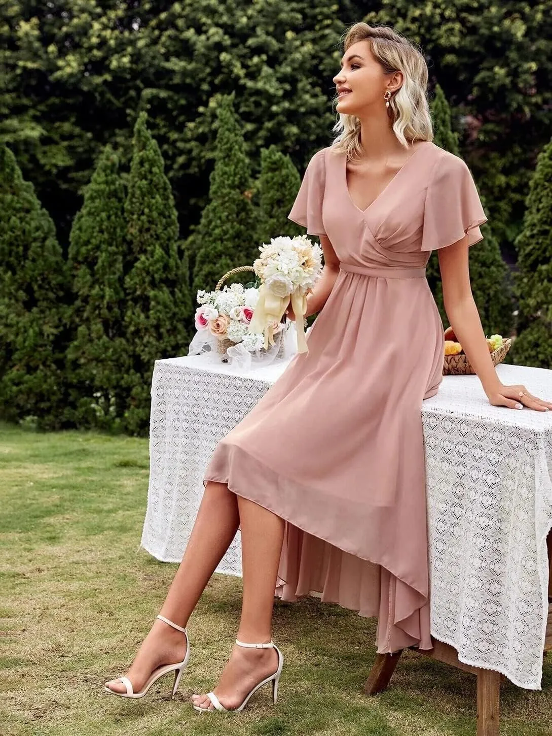 Chiffon High Low Bridesmaid Dresses for Women V Neck Short Sleeves Pleated Formal Dress with Pockets
