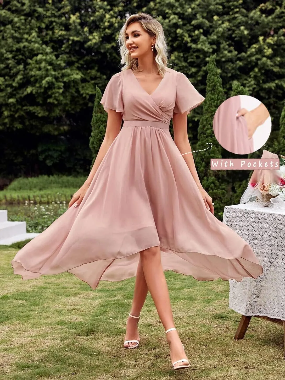 Chiffon High Low Bridesmaid Dresses for Women V Neck Short Sleeves Pleated Formal Dress with Pockets