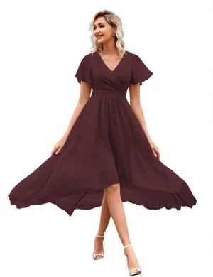 Chiffon High Low Bridesmaid Dresses for Women V Neck Short Sleeves Pleated Formal Dress with Pockets