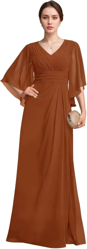 Chiffon Mother of The Bride Dress A Line Puffy Sleeve Wedding Guest Gown Long Formal Bridesmaid Dresses