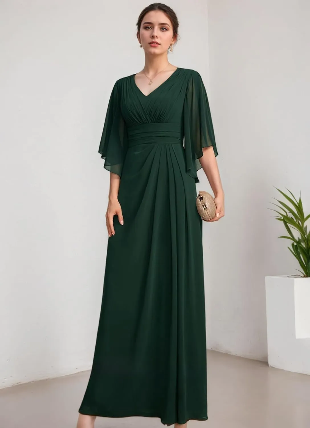 Chiffon Mother of The Bride Dress A Line Puffy Sleeve Wedding Guest Gown Long Formal Bridesmaid Dresses