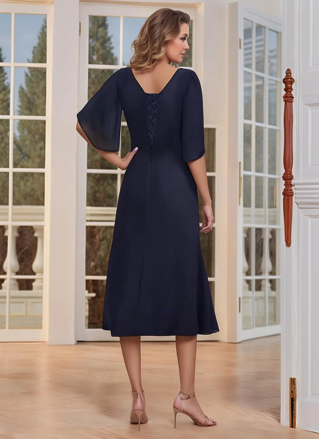 Chiffon Mother of The Bride Dresses Flutter Sleeves Bedded Formal Evening Party Gown
