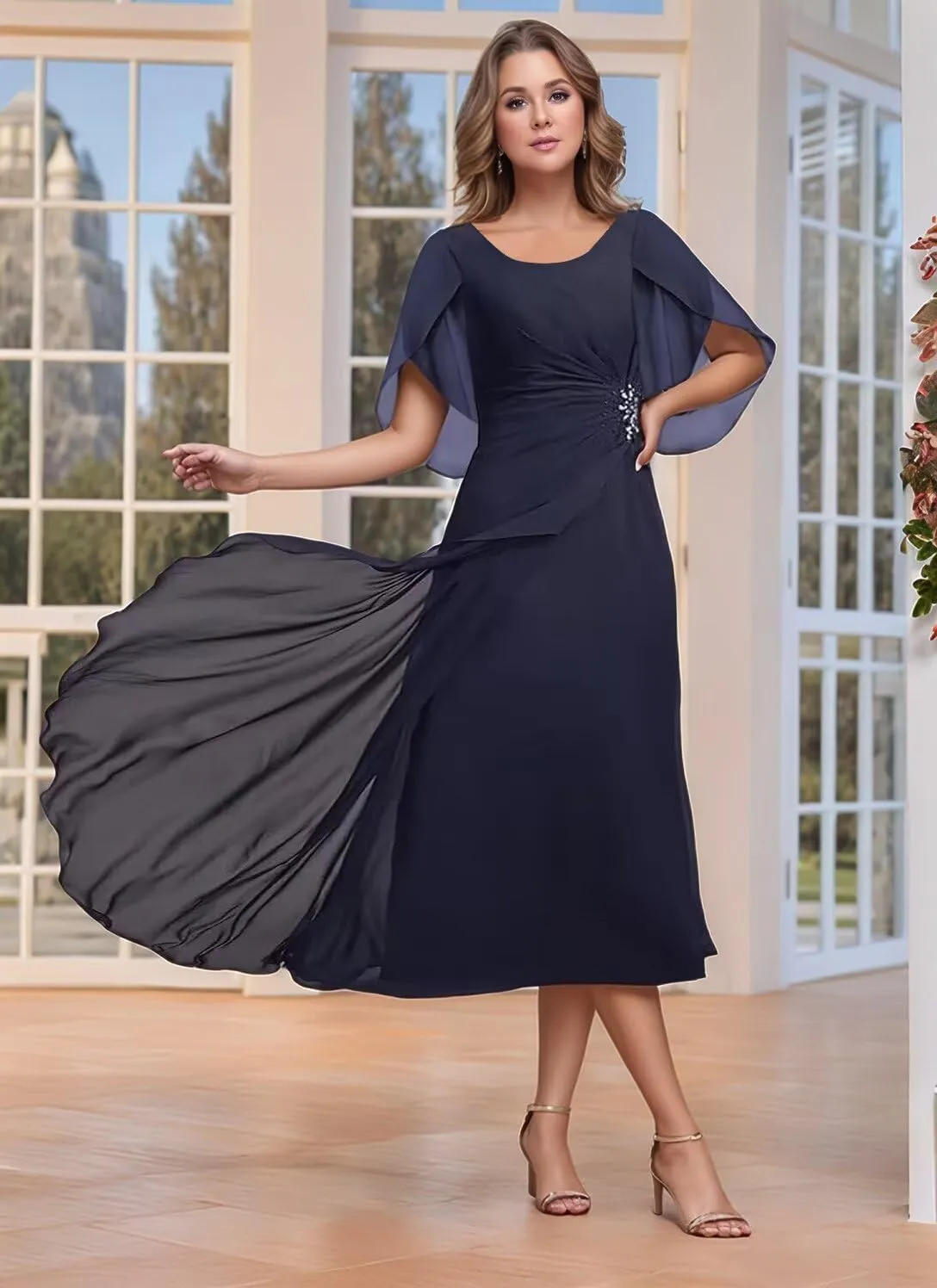 Chiffon Mother of The Bride Dresses Flutter Sleeves Bedded Formal Evening Party Gown