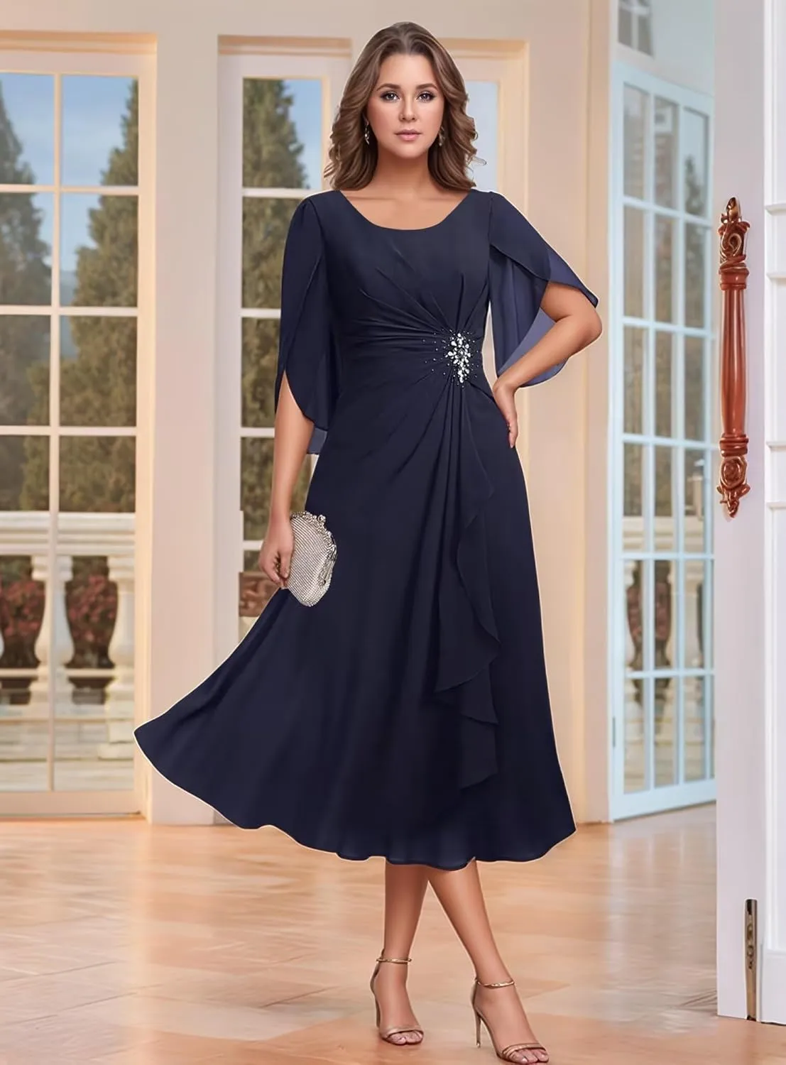 Chiffon Mother of The Bride Dresses Flutter Sleeves Bedded Formal Evening Party Gown