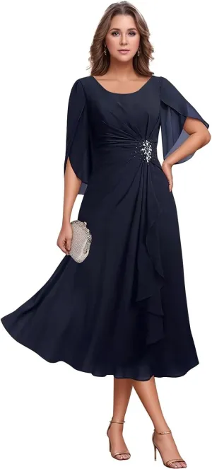 Chiffon Mother of The Bride Dresses Flutter Sleeves Bedded Formal Evening Party Gown