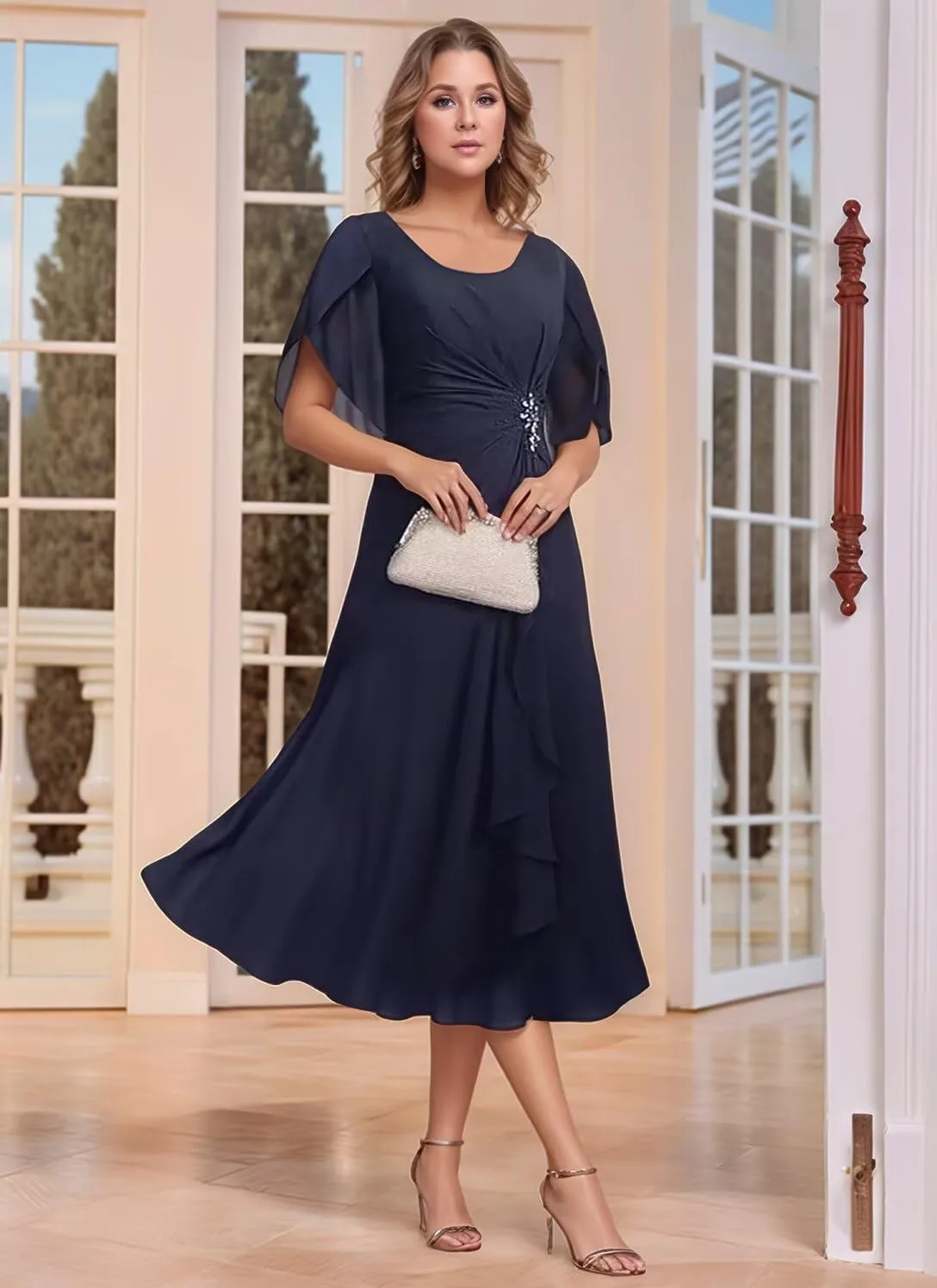Chiffon Mother of The Bride Dresses Flutter Sleeves Bedded Formal Evening Party Gown