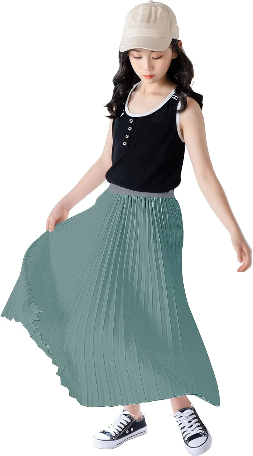 Chiffon Pleated Skirt for Girls High Waist Elastic A-Line Boho Swing Maxi Long Skirt