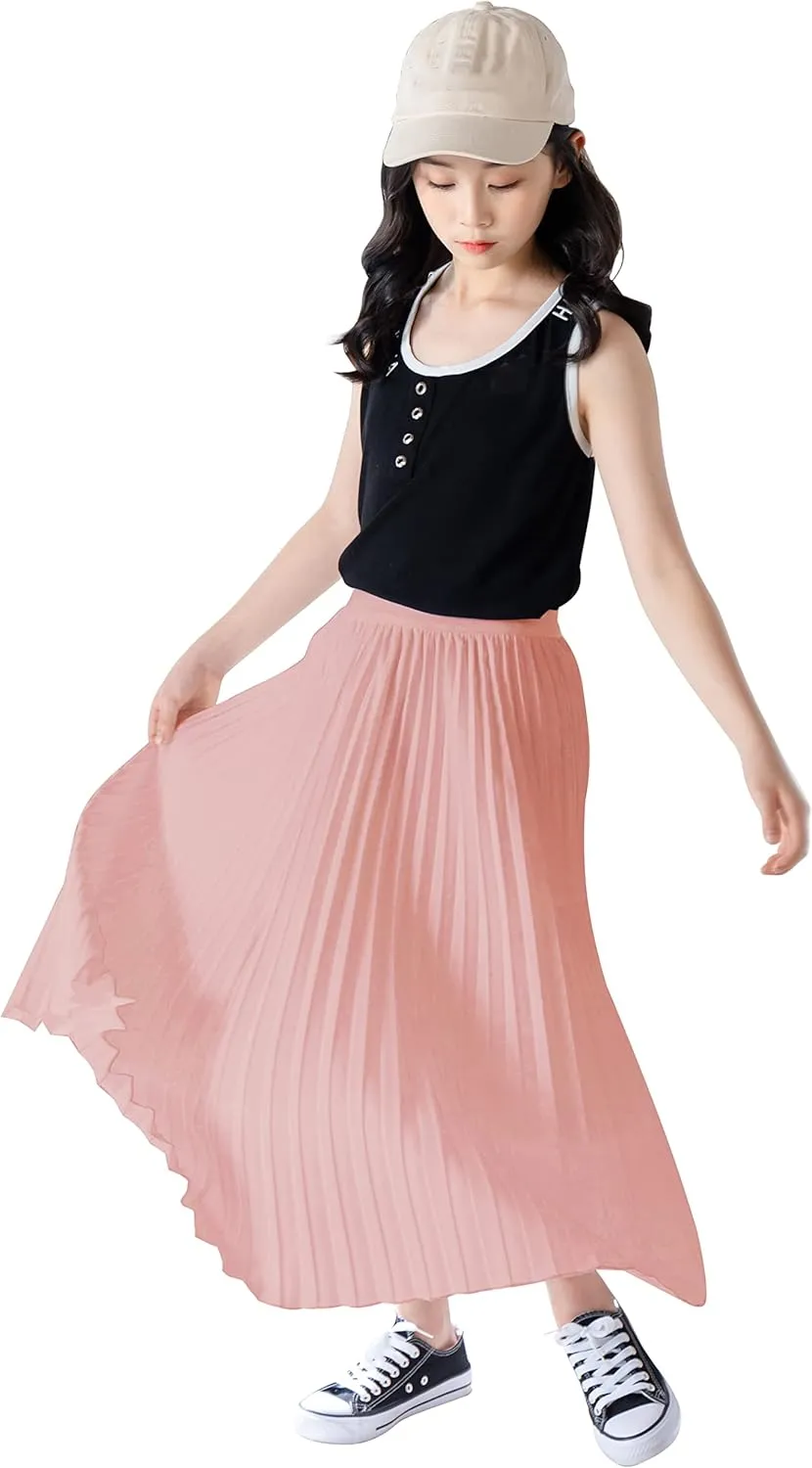 Chiffon Pleated Skirt for Girls High Waist Elastic A-Line Boho Swing Maxi Long Skirt