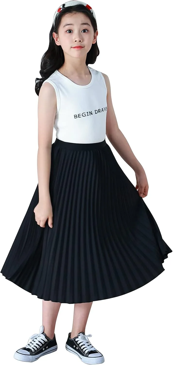 Chiffon Pleated Skirt for Girls High Waist Elastic A-Line Boho Swing Maxi Long Skirt