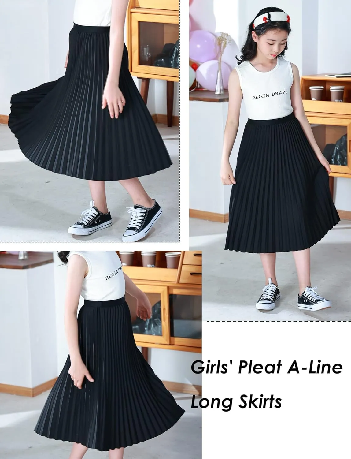 Chiffon Pleated Skirt for Girls High Waist Elastic A-Line Boho Swing Maxi Long Skirt