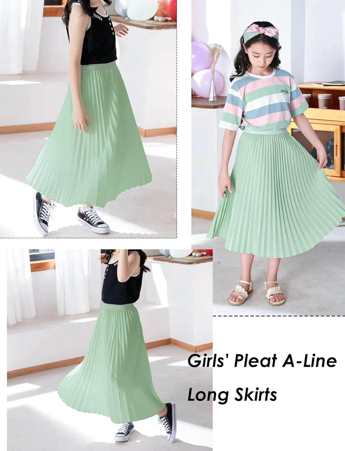 Chiffon Pleated Skirt for Girls High Waist Elastic A-Line Boho Swing Maxi Long Skirt