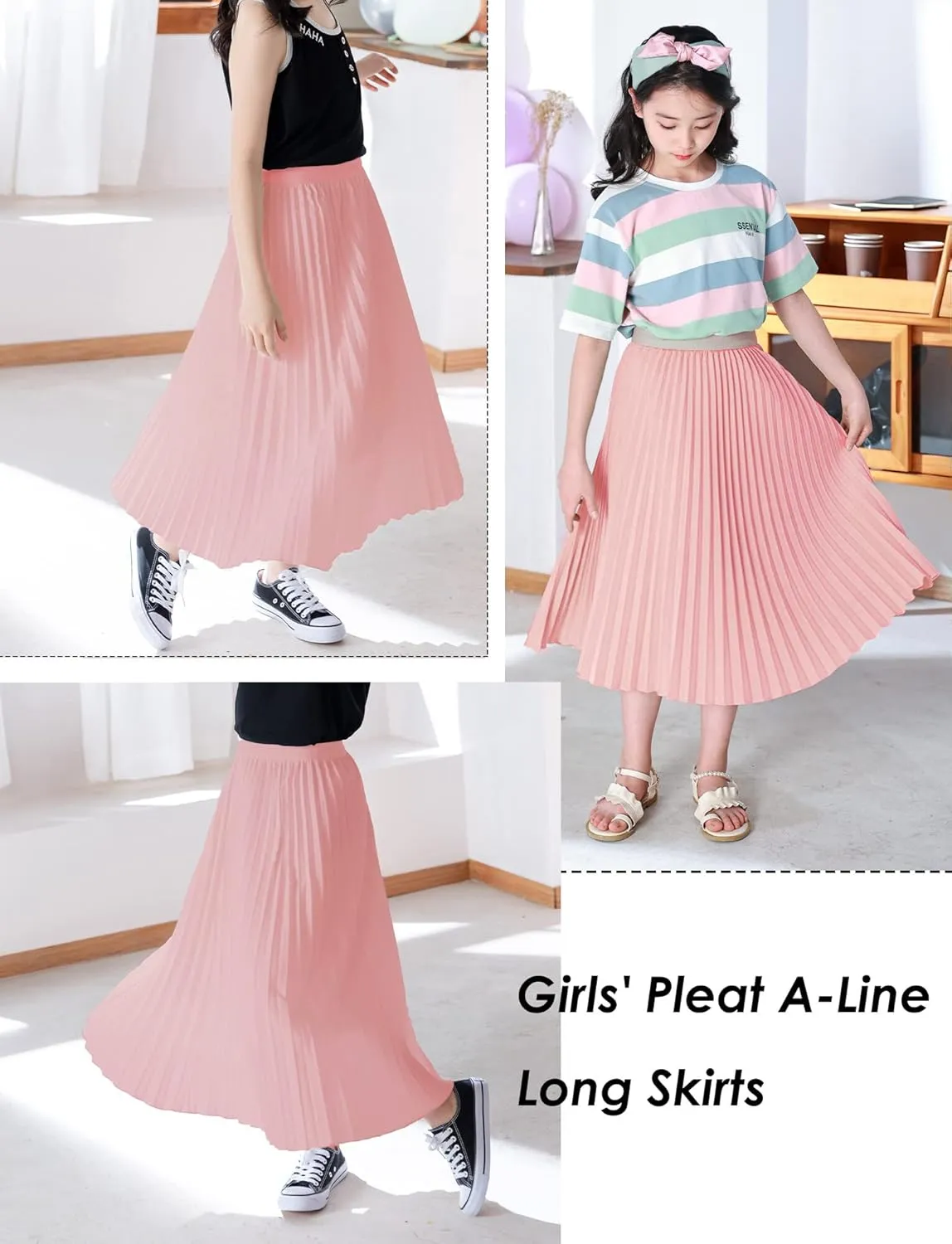 Chiffon Pleated Skirt for Girls High Waist Elastic A-Line Boho Swing Maxi Long Skirt