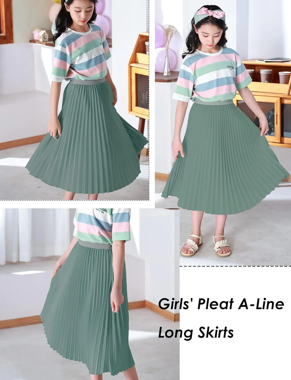 Chiffon Pleated Skirt for Girls High Waist Elastic A-Line Boho Swing Maxi Long Skirt