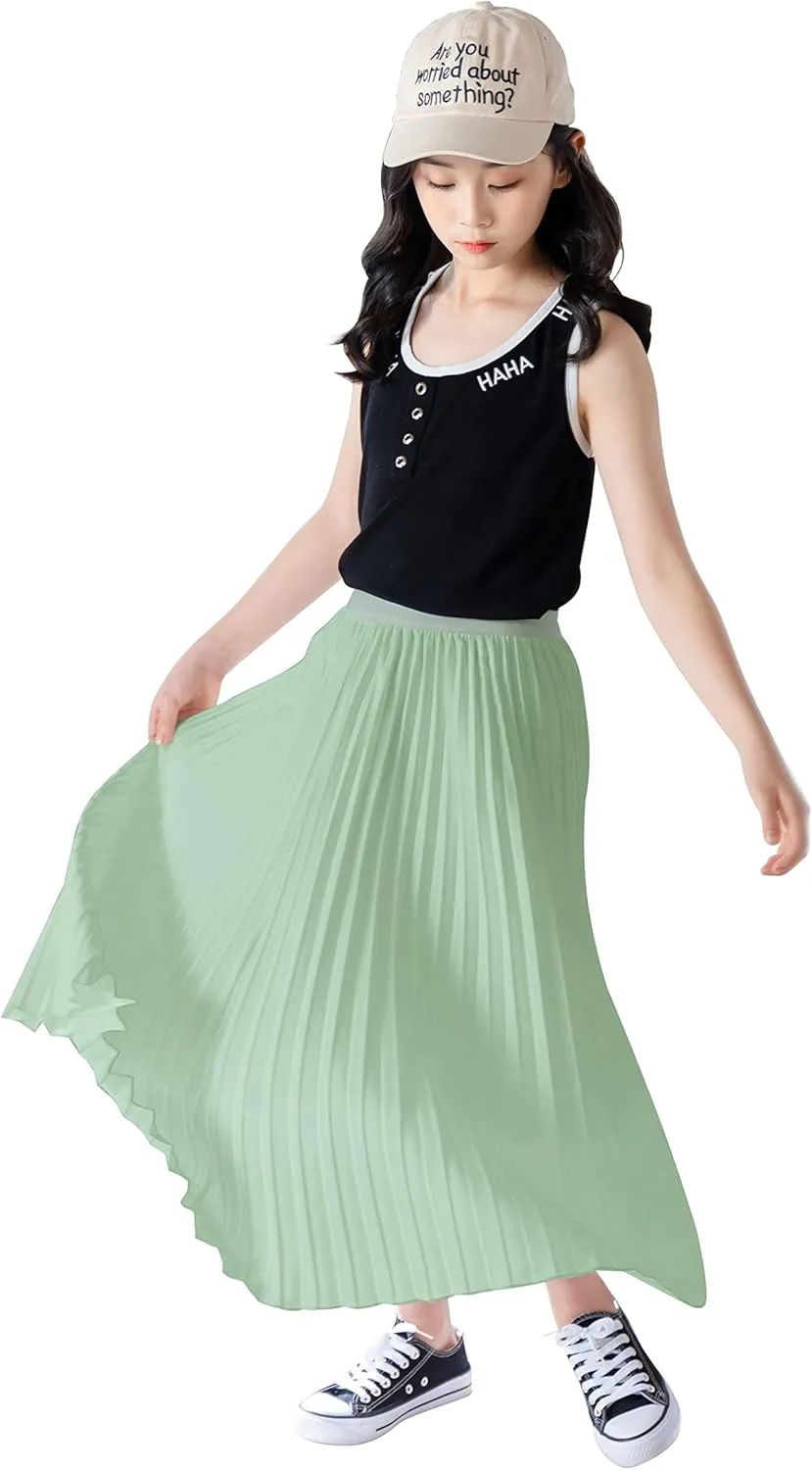 Chiffon Pleated Skirt for Girls High Waist Elastic A-Line Boho Swing Maxi Long Skirt