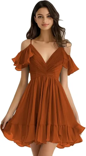Chiffon Short Bridesmaid Dresses Off Shoulder V Neck Ruffle Ruched Pleated Summer Formal Dress