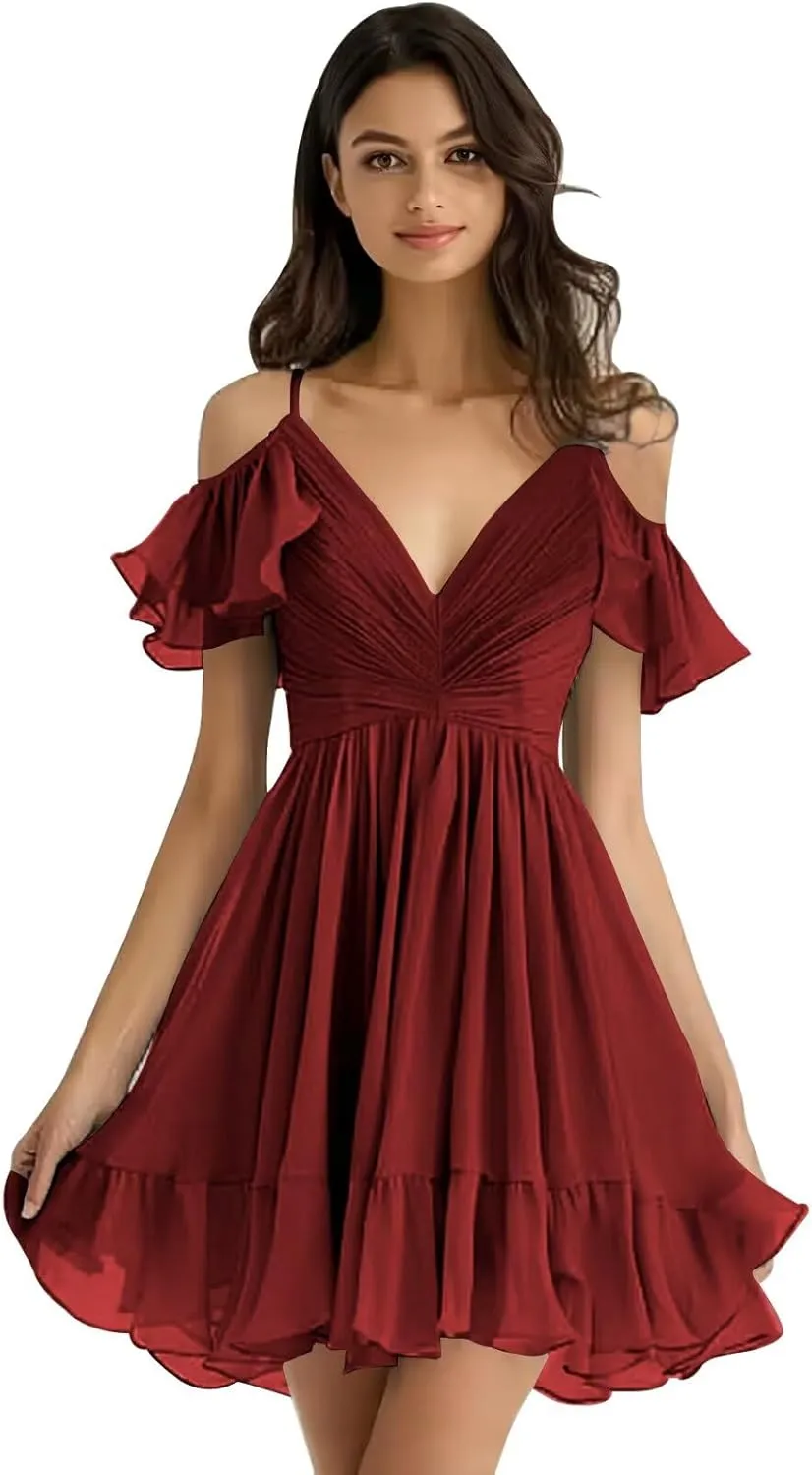 Chiffon Short Bridesmaid Dresses Off Shoulder V Neck Ruffle Ruched Pleated Summer Formal Dress