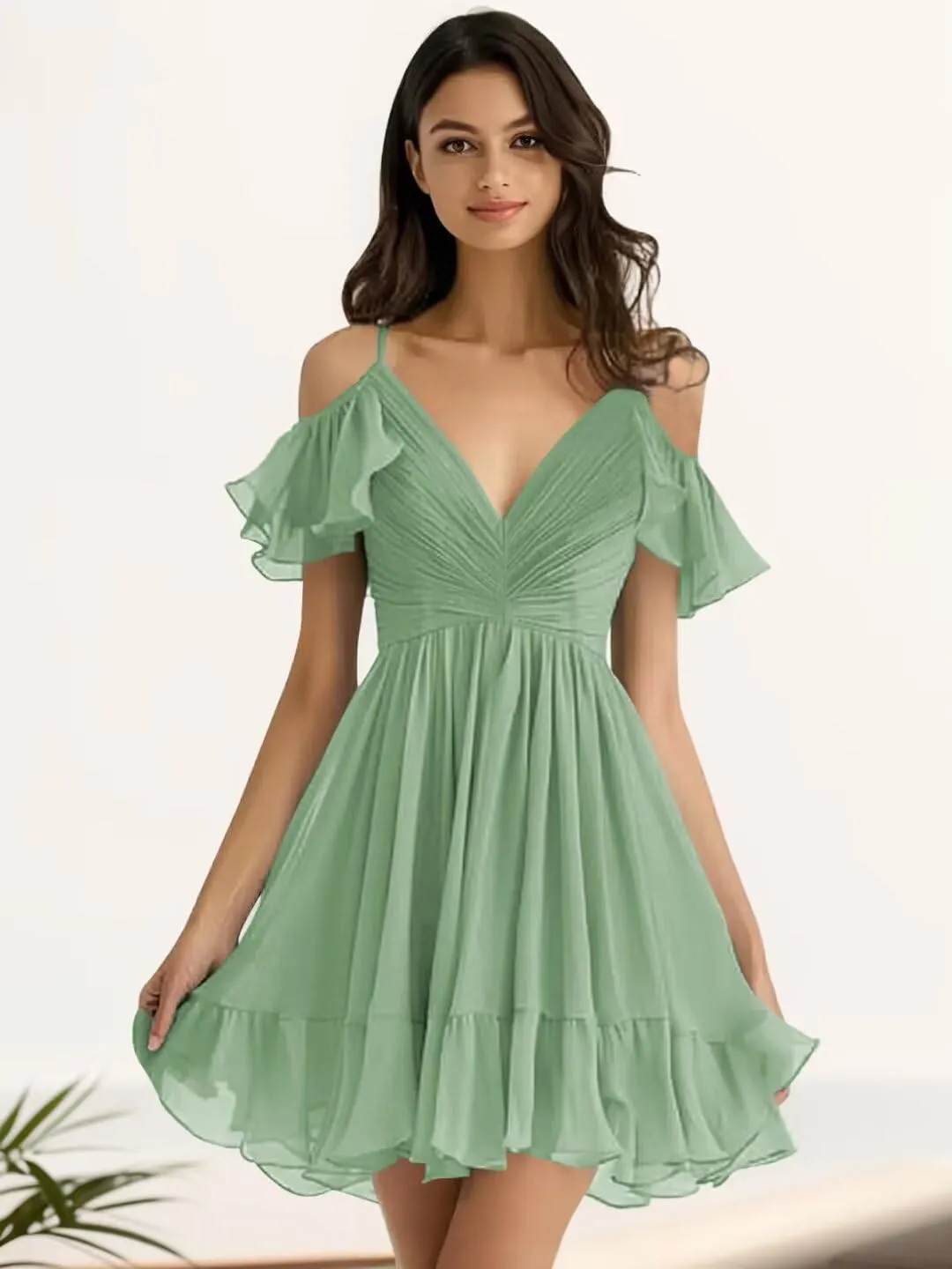 Chiffon Short Bridesmaid Dresses Off Shoulder V Neck Ruffle Ruched Pleated Summer Formal Dress