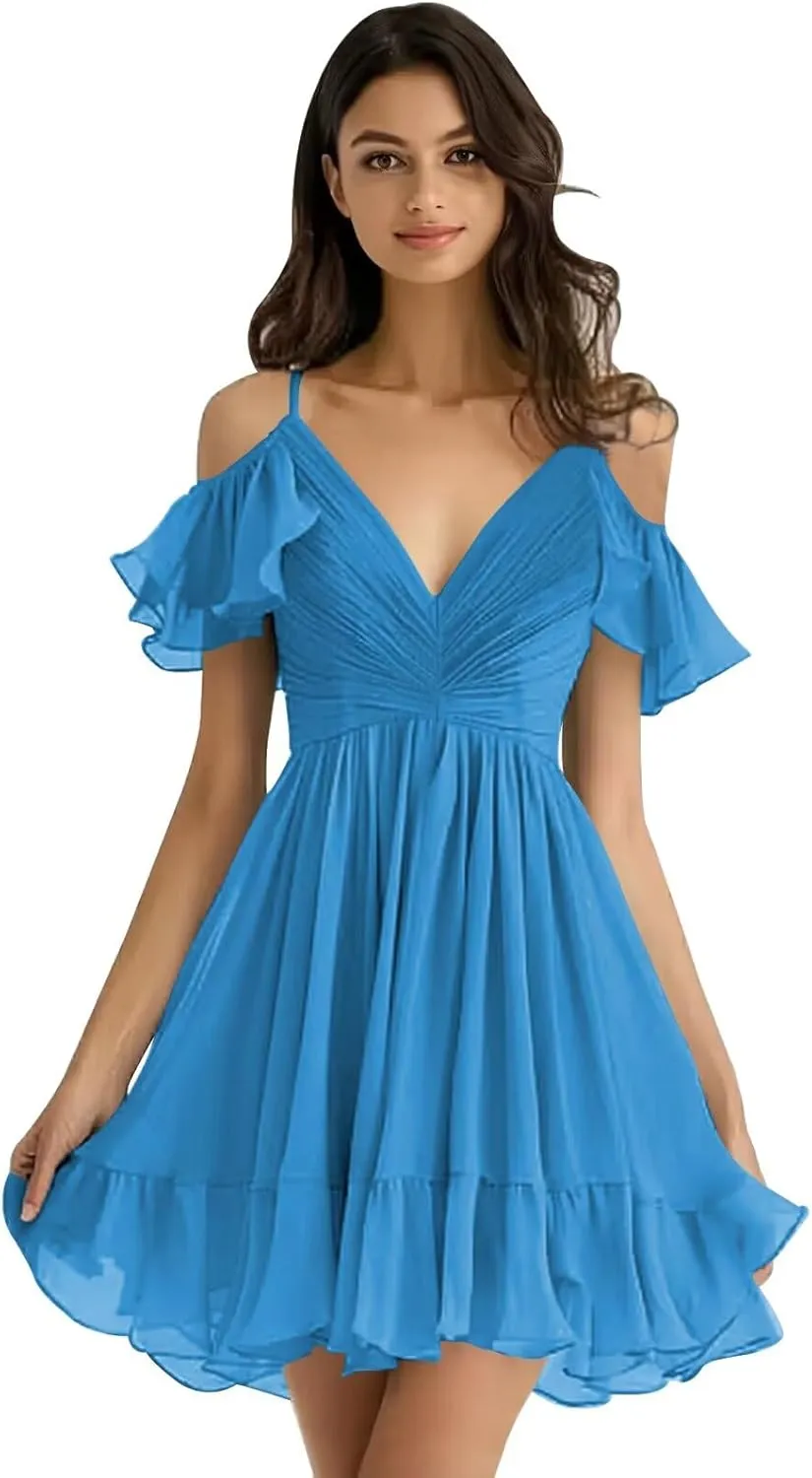 Chiffon Short Bridesmaid Dresses Off Shoulder V Neck Ruffle Ruched Pleated Summer Formal Dress