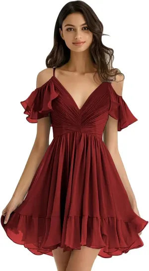 Chiffon Short Bridesmaid Dresses Off Shoulder V Neck Ruffle Ruched Pleated Summer Formal Dress