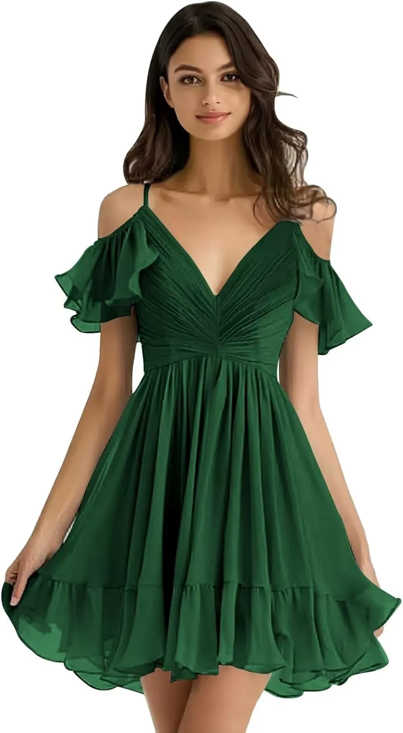 Chiffon Short Bridesmaid Dresses Off Shoulder V Neck Ruffle Ruched Pleated Summer Formal Dress