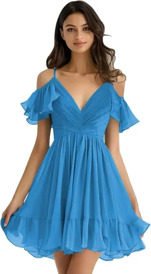 Chiffon Short Bridesmaid Dresses Off Shoulder V Neck Ruffle Ruched Pleated Summer Formal Dress