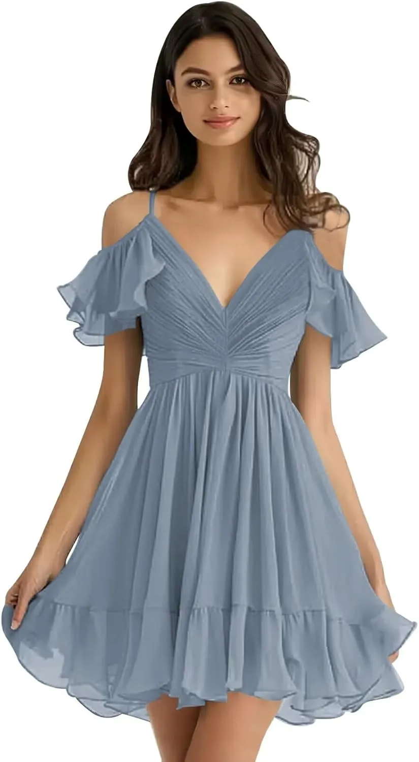 Chiffon Short Bridesmaid Dresses Off Shoulder V Neck Ruffle Ruched Pleated Summer Formal Dress