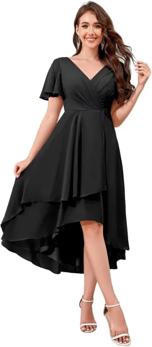 Chiffon Short Bridesmaid Dresses with Sleeves V Neck A Line Summer Tea Length Wedding Guest Dresses for Women