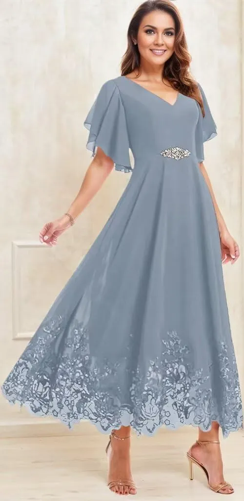 Chiffon Tea Length Mother of The Bride Dresses for Women Lace Formal Evening Dresses with Sleeves 2025