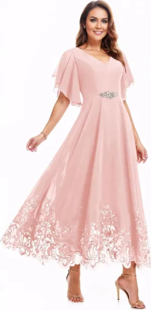 Chiffon Tea Length Mother of The Bride Dresses for Women Lace Formal Evening Dresses with Sleeves 2025