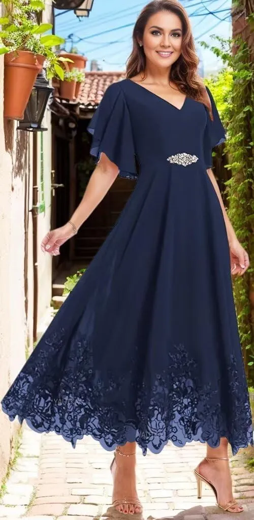 Chiffon Tea Length Mother of The Bride Dresses for Women Lace Formal Evening Dresses with Sleeves 2025