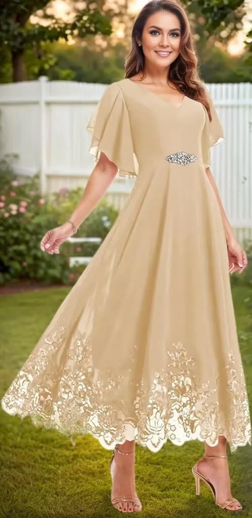 Chiffon Tea Length Mother of The Bride Dresses for Women Lace Formal Evening Dresses with Sleeves 2025