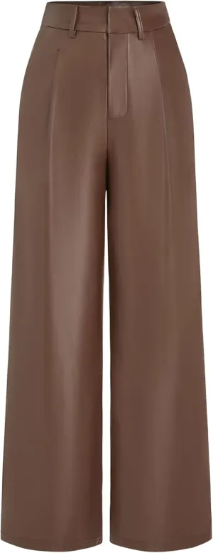 CIDER Faux Leather High Waist Solid Pocket Wide Leg Trousers