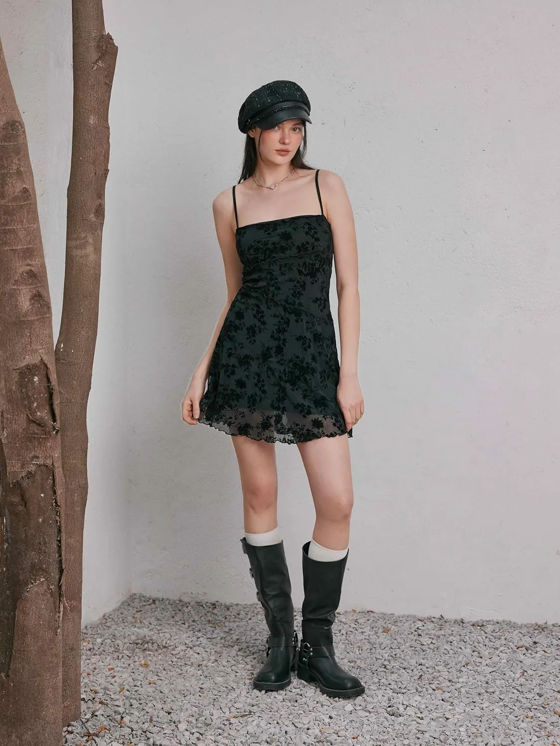 CIDER Women's Summer Mini Dress Floral Dresses Sleeveless Lace Mesh Square Neck Spaghetti Strap Short Party Dresses