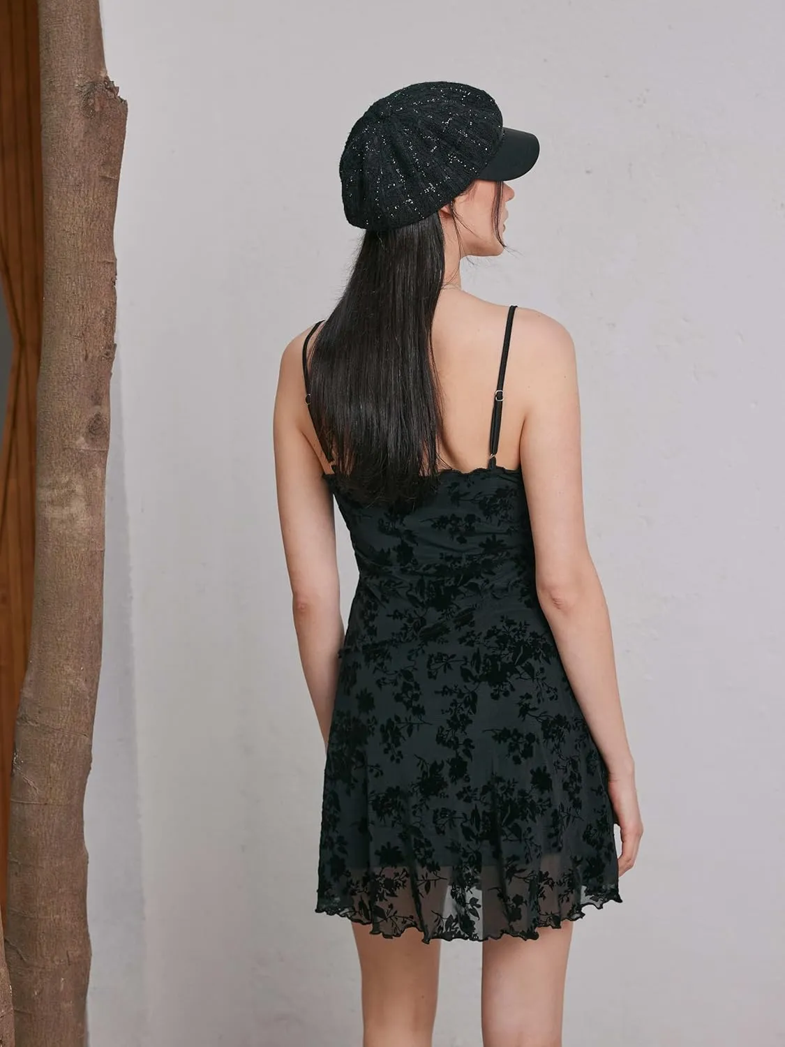 CIDER Women's Summer Mini Dress Floral Dresses Sleeveless Lace Mesh Square Neck Spaghetti Strap Short Party Dresses