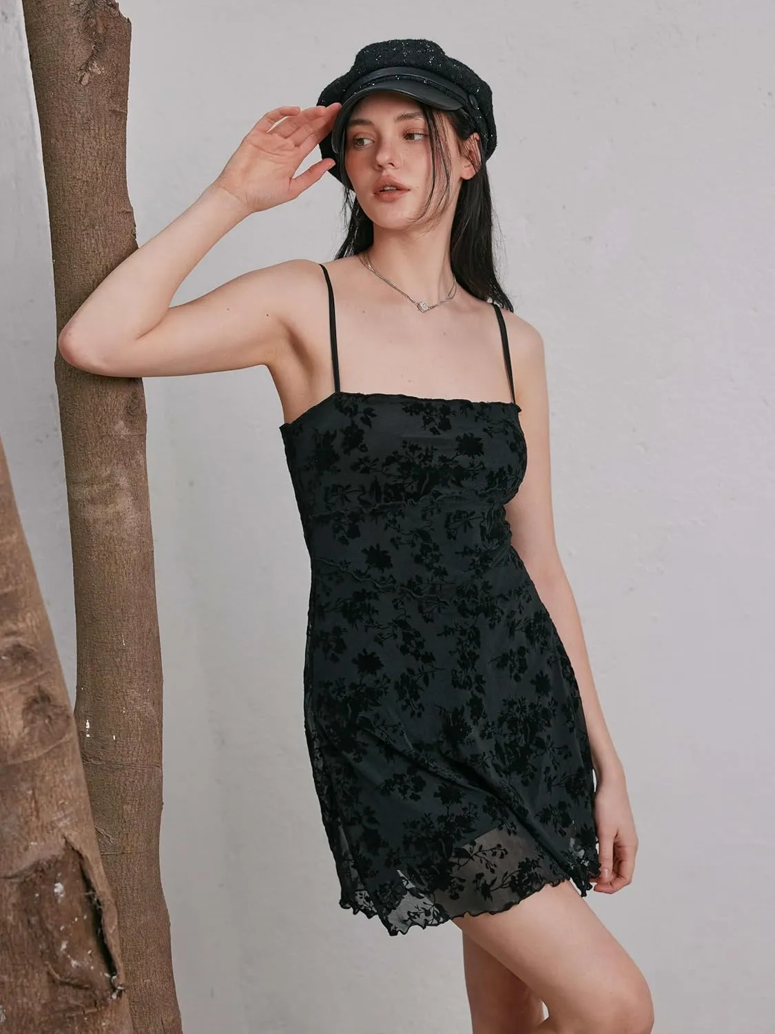 CIDER Women's Summer Mini Dress Floral Dresses Sleeveless Lace Mesh Square Neck Spaghetti Strap Short Party Dresses