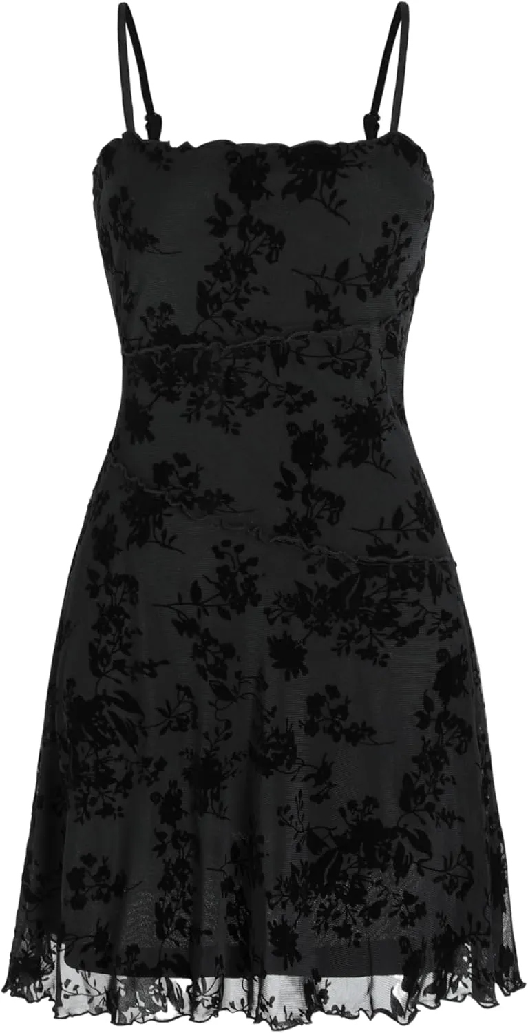 CIDER Women's Summer Mini Dress Floral Dresses Sleeveless Lace Mesh Square Neck Spaghetti Strap Short Party Dresses