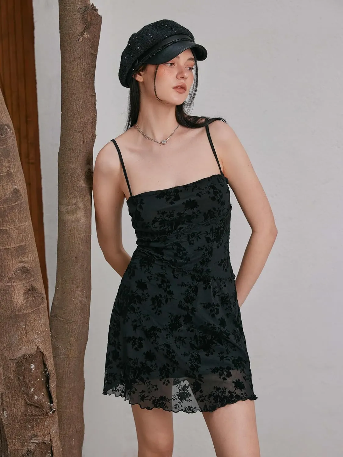 CIDER Women's Summer Mini Dress Floral Dresses Sleeveless Lace Mesh Square Neck Spaghetti Strap Short Party Dresses