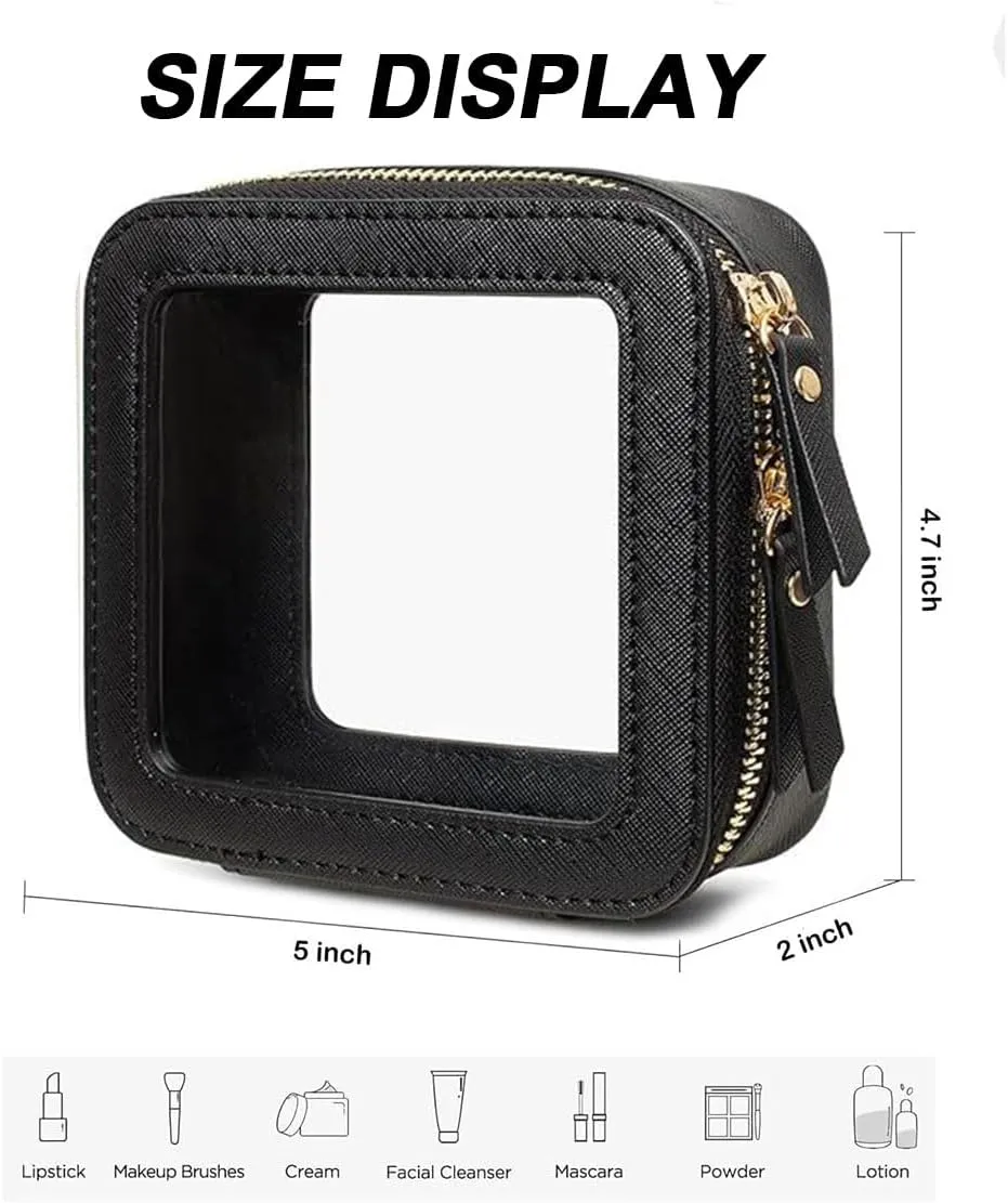 Clear Makeup Bag for Women - Mini Waterproof Cosmetic Bag with Gold Zipper,Portable Travel Toiletry Pouch for Purse,Car Essentials(Clear Black)